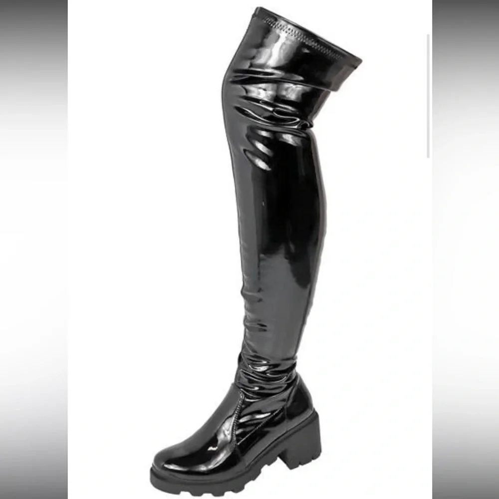 Manmade stretch patent leather over the knee boots with lug sole